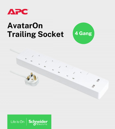 Schneider Electric- AvatarOn Trailing Socket with Individual Switch & USB, 4 Gang
